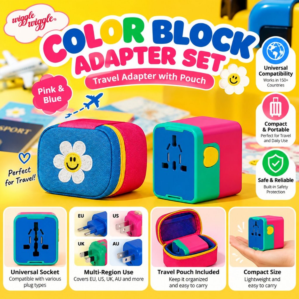 Adaptador De Viagem Universal Wiggle Color Block Com Bolsa