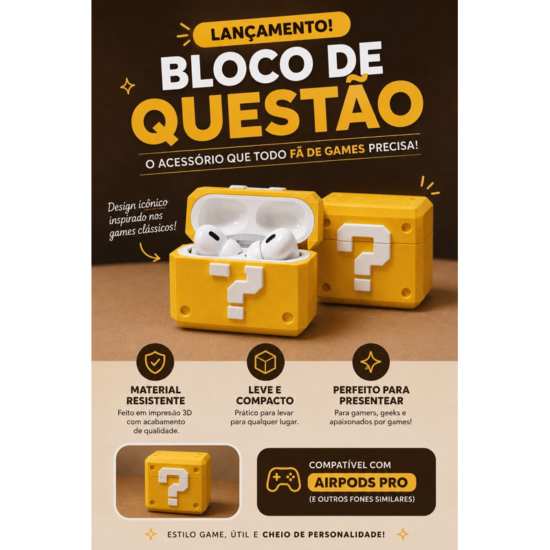 Case Block Super Mario para AirPods 3 e Similares - Capa Protetora Estilo Bloco de Interrogação