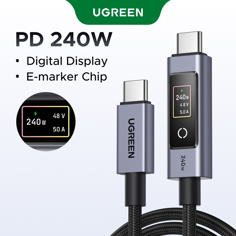 UGREEN 240W Cabo USB C De Carregamento Super Rápido 2M Com Display De Energia Digital Liga De Alumínio Fio Trançado Espa