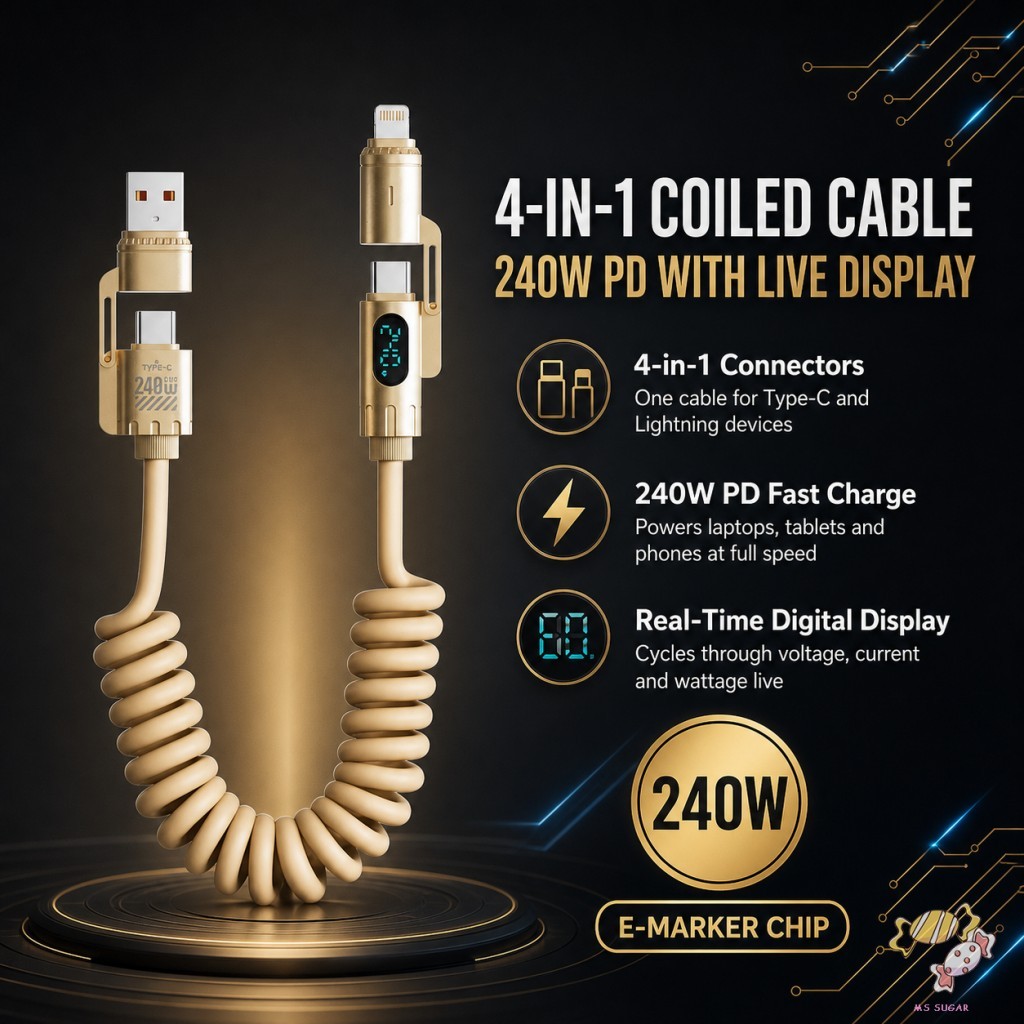 Cabo De Carregamento De Carro Enrolado 4 Em 1 240W PD Display Digital 2m Retrátil USB C Lightning Fio