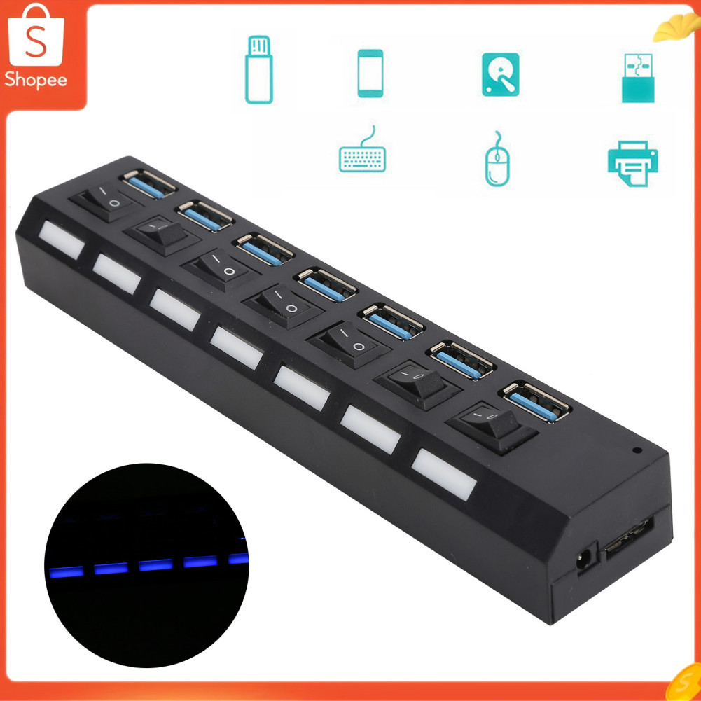 Hub USB 3.0 Divisor de alta velocidade com 7 portas Interruptores individuais Adaptador de alimentação com extensão