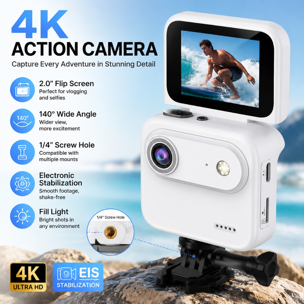 Mini Câmera De Ação Portátil 4K Vlog Cam Com Anti-Vibração , Montagem De Parafuso 1/4 E Carregamento Tipo C Para Viagens