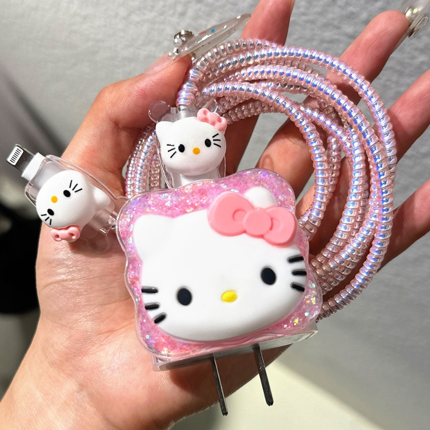 Adequado para Apple 20W carregador caso protetor olá Kitty Glitter estilo cabo de dados Anti-quebra conjunto de corda pr