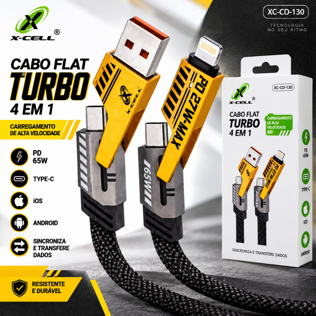 Cabo Turbo 4 em 1 Turbo 65W PD 27W Type-C P/ iPhone Xiaomi Android Samsung Metal Reforçado