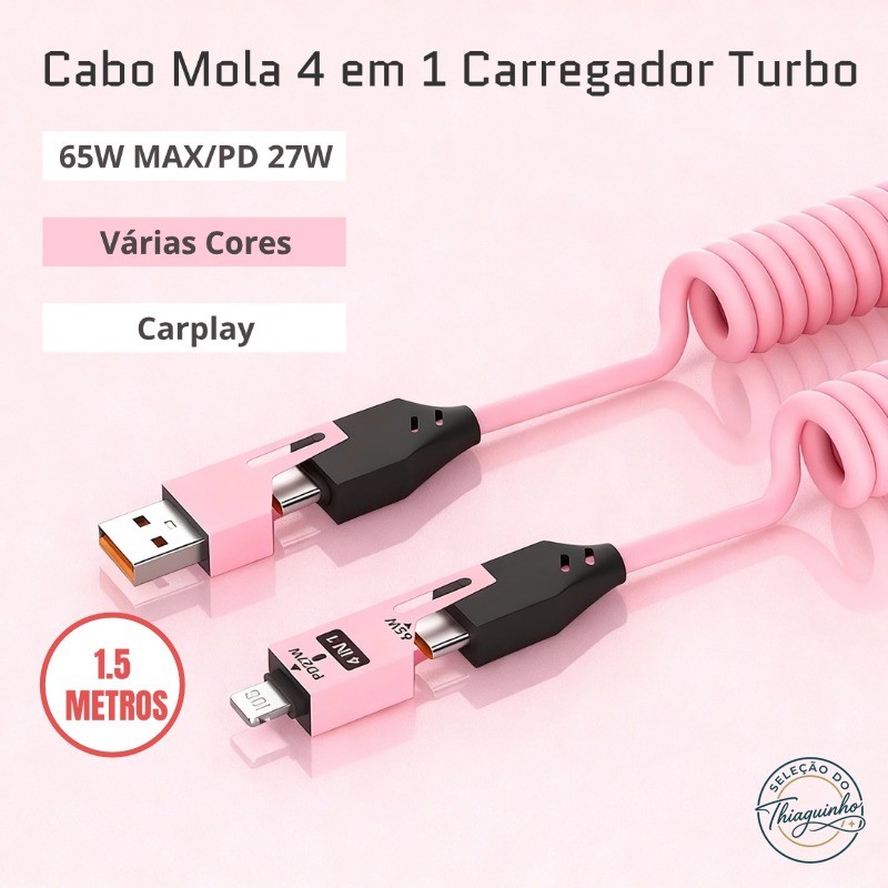 Cabo Mola 4 em 1 CarPlay Dados 65W PD 27W Turbo p/ Carro iPhone 13/14/15/16/17 Xiaomi Samsung
