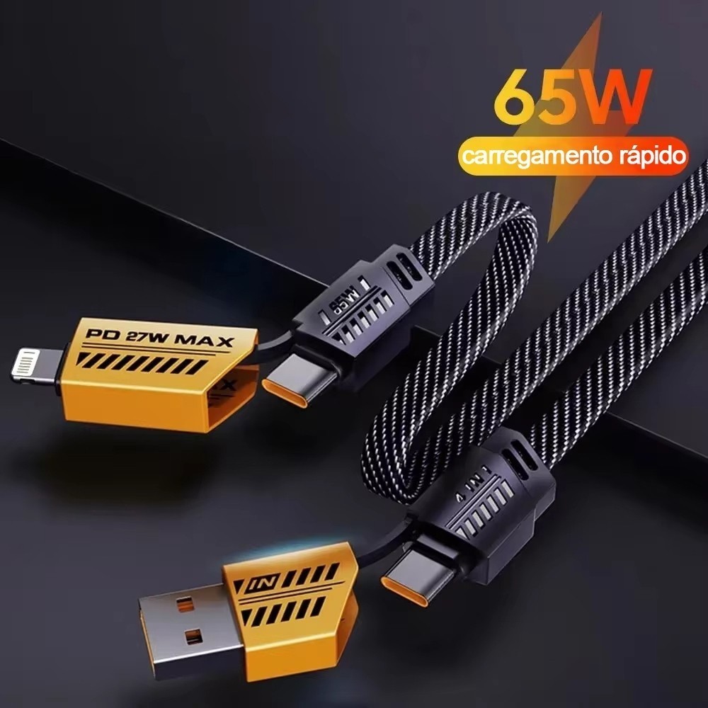 Cabo Turbo Tipo C para iPhone Xiaomi Samsung USB 4 em 1 Turbo 65W/PD 27W Cabeça de Metal Revestida de Nylon