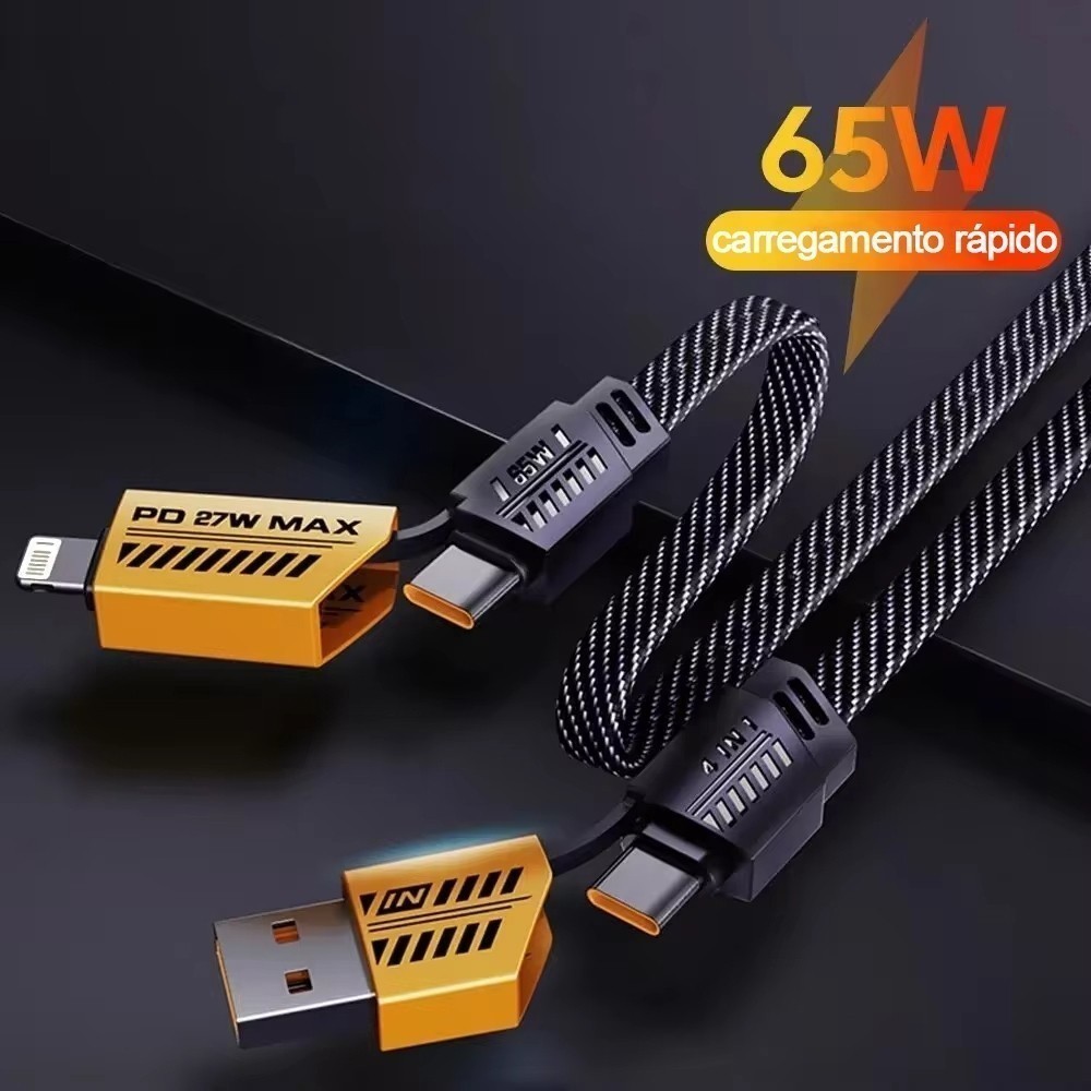 Cabo Turbo Tipo C para iPhone Xiaomi Samsung USB 4 em 1 Turbo 65W/PD 27W Cabeça de Metal Revestida de Nylon