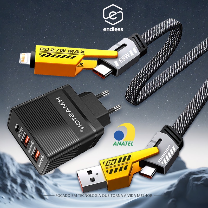 Cabo Turbo Tipo C Lightning  USB 4 em 1 Turbo 65W/PD 27W para  Xiaomi Samsung IOS Carregamento Rápido Nylon