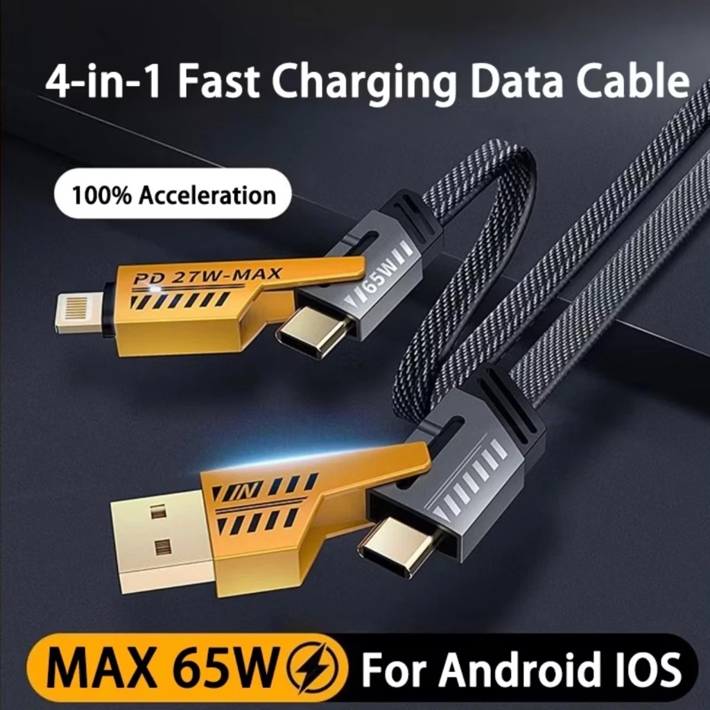 Cabo Turbo Tipo C para iPhone Xiaomi Samsung USB 4 em 1 Turbo 65W/PD 27W Cabeça de Metal Revestida de Nylon