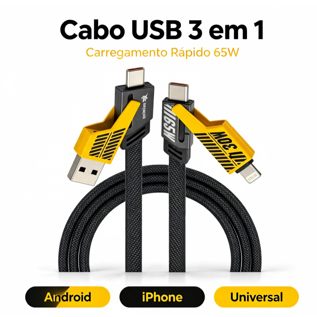 Cabo Turbo 4 em 1 Turbo 65W PD 27W Type-C P/ iPhone Xiaomi Android Samsung Metal Reforçado