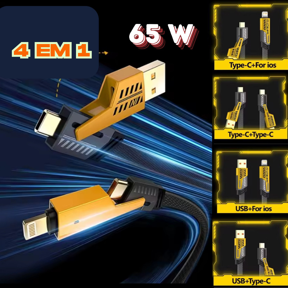 Cabo Turbo 4 em 1 Turbo 65W/PD 27W Tipo C P/ iPhone Xiaomi Android Samsung Metal Reforçado