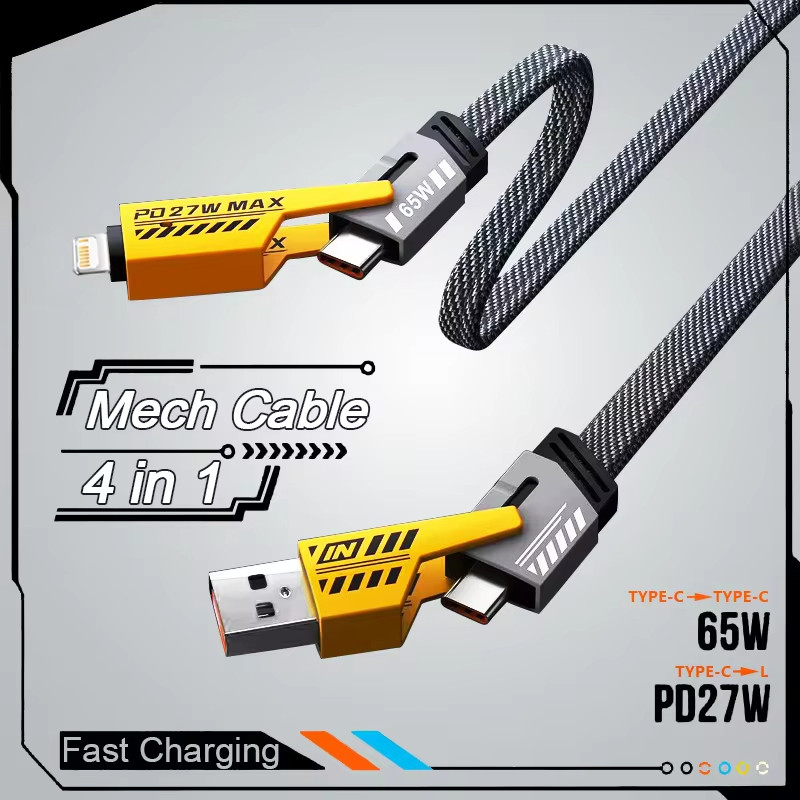 Cabo de dados de carregamento rápido 4 em 1 Tipo C PD carregamento rápido 27W 65W adequado para iPhone Samsung Xiaomi