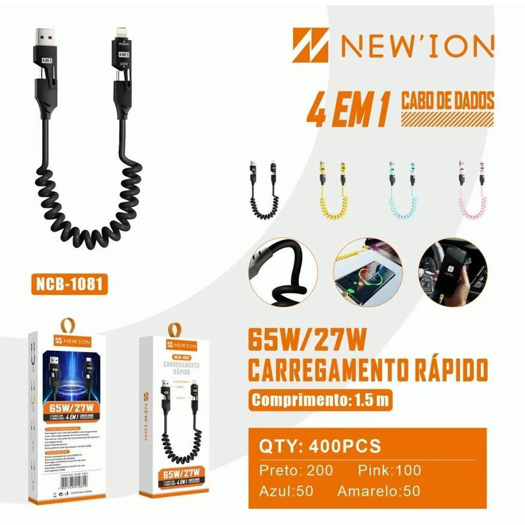 Cabo Turbo Tipo C para iPhone Xiaomi Samsung USB 4 em 1 Turbo 65W/PD 27W