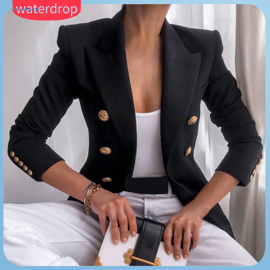Women’s Double Breasted Blazer Jacket – Loose Fit Solid Color Suit Coat Lapel Collar Long Sleeve Business Workwear f
