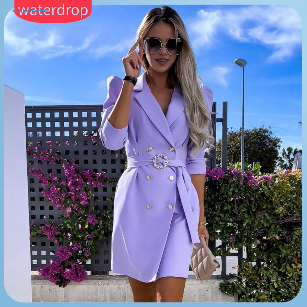 Women’s Formal Mini Dress with Belted Waist Turn-down Collar V Neck Double-breasted Long Sleeves – Elegant Ol Office
