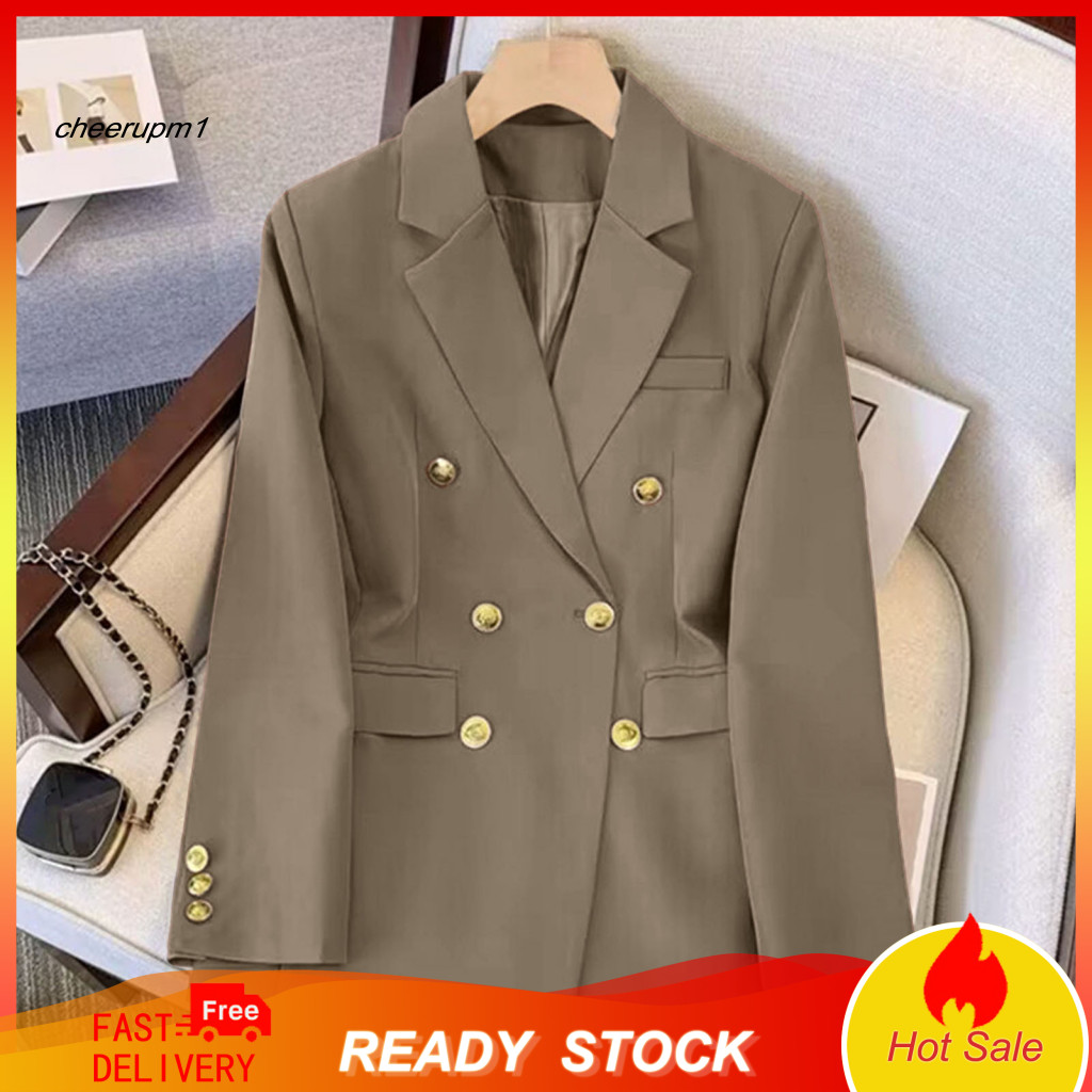 Women Blazer Suit Coat Women’s Ol Style Double Breasted Business Loose Fit Long Sleeves Lapel Notch Collar with Pocket