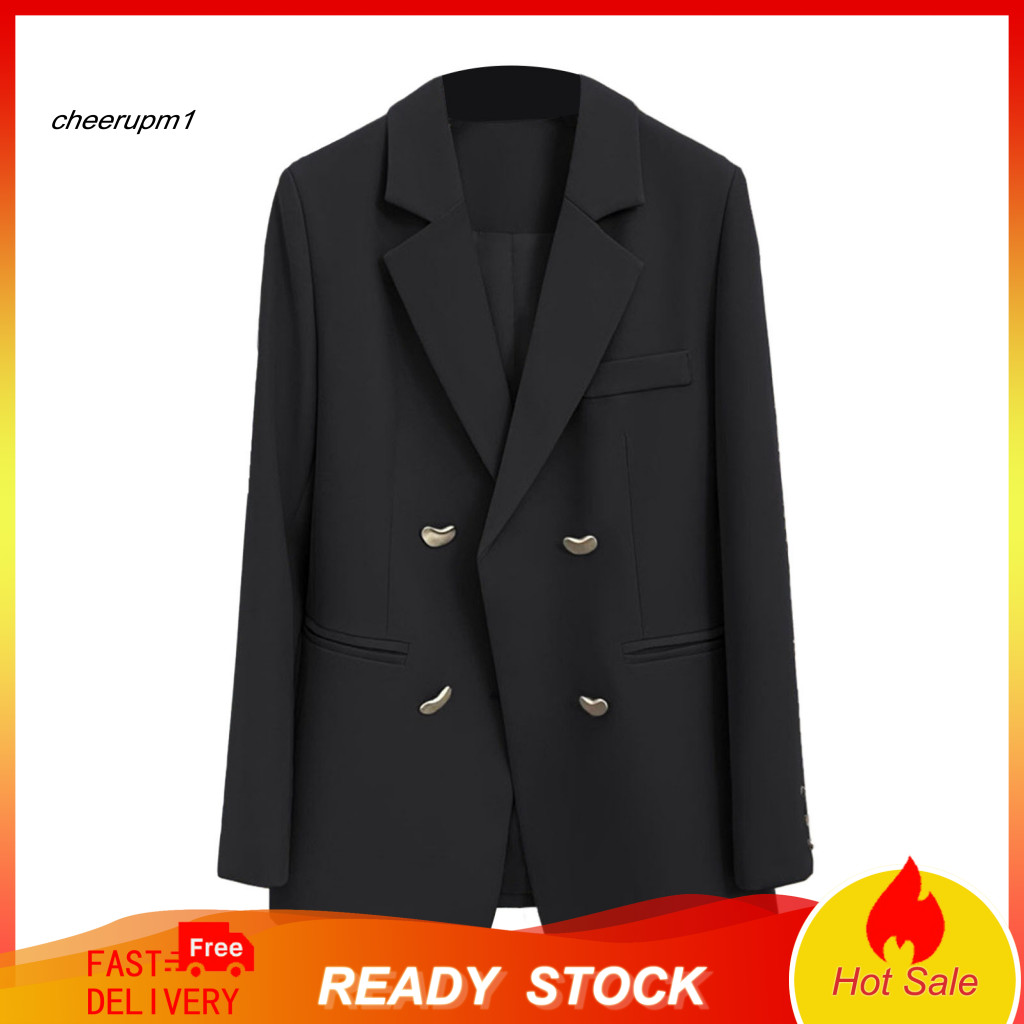 Women Suit Coat Lapel Long Sleeve Jacket Women’s Double Breasted Blazer Loose Fit Office Lady Outwear Solid Color for