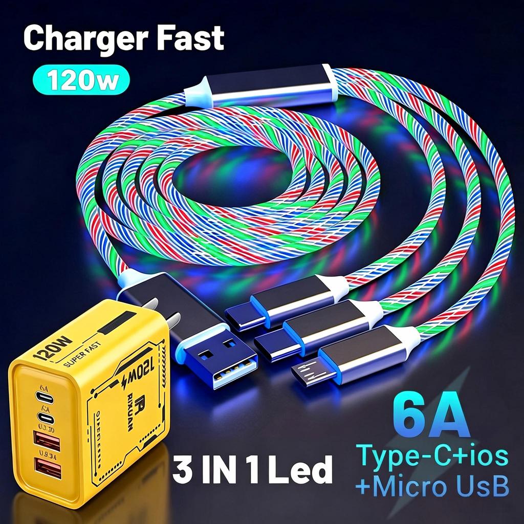3 Em 1 LED Streamer Glow Cabo De Carregamento Rápido Neon Car Atmosphere Cord