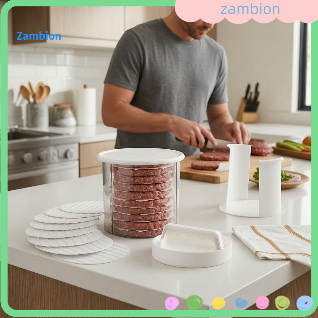Burger Press Patty Maker Thickness Shaper Non-stick Hamburger with Storage Container Separator Sheets – Round Mold for