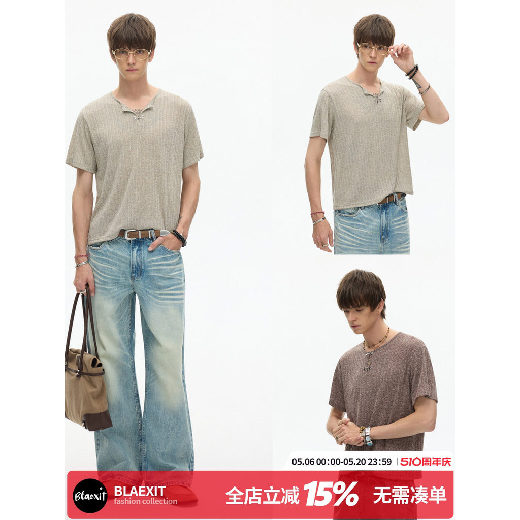 BLAEXIT Light Luxury Old Money Style Cashmere Blend Malha Manga Curta Masculina Verão slimfit Slim-fit Ombro Camiseta
