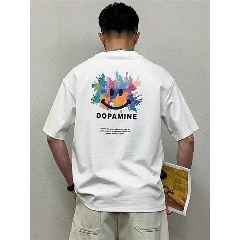 Dopamina Light Luxury Smiley Print Camiseta masculina de manga curta exclusiva e moderna Slim-Fit Hal