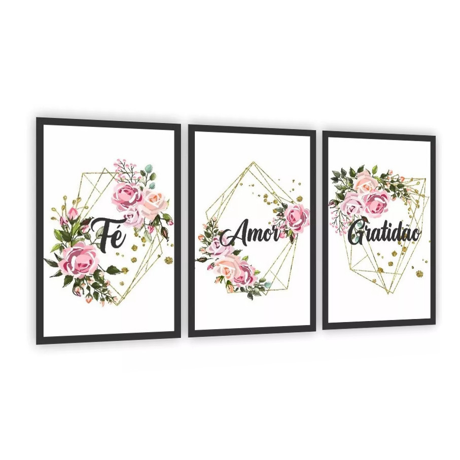 Kit 3 Quadros Decorativos Faith Quotes Flowers Living Room Bedroom Wall Decoration Sala Size 40x60cm