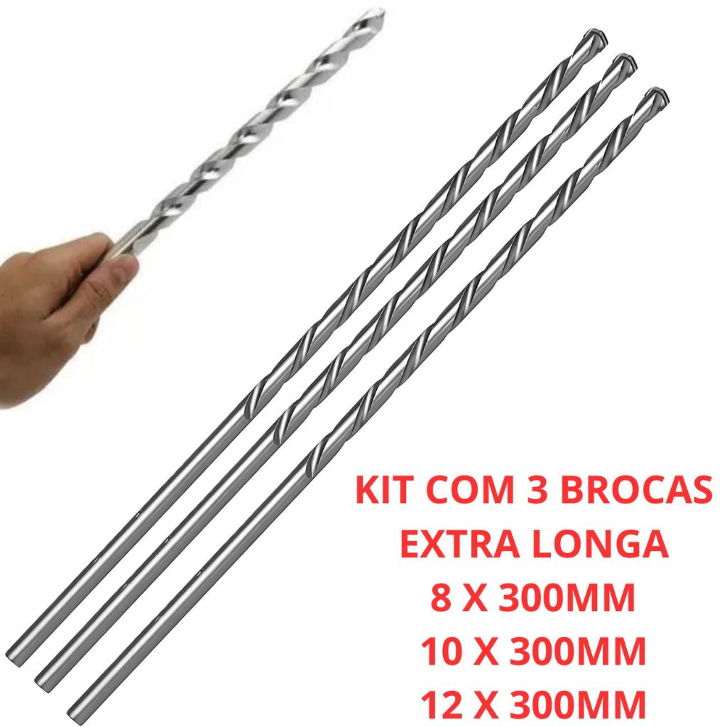 Kit Com 3 Brocas 30CM Videa Widea Longa Para Concreto Parede 8MM 10MM 12MM X 300MM Aço Extra Longa