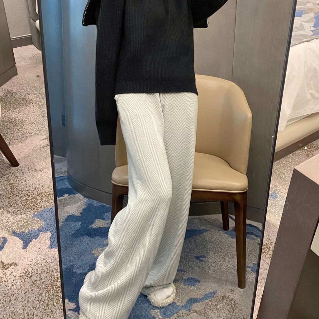 SMCM Women's herringbone wool pants, loose-fitting knitted wool pants, high-waisted with drawstring, thickened wide-leg
