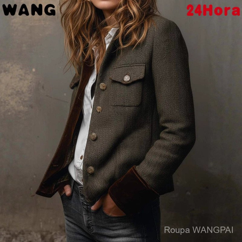 Blazer Feminino Vintage de Tweed com Padrão Herringbone e Corte Slim-Fit