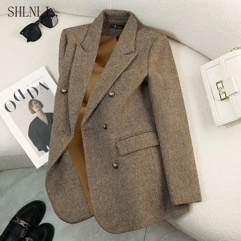 Blazer Feminino Casual de Tweed com Padrão Herringbone e Duplo Abotoamento WW2G
