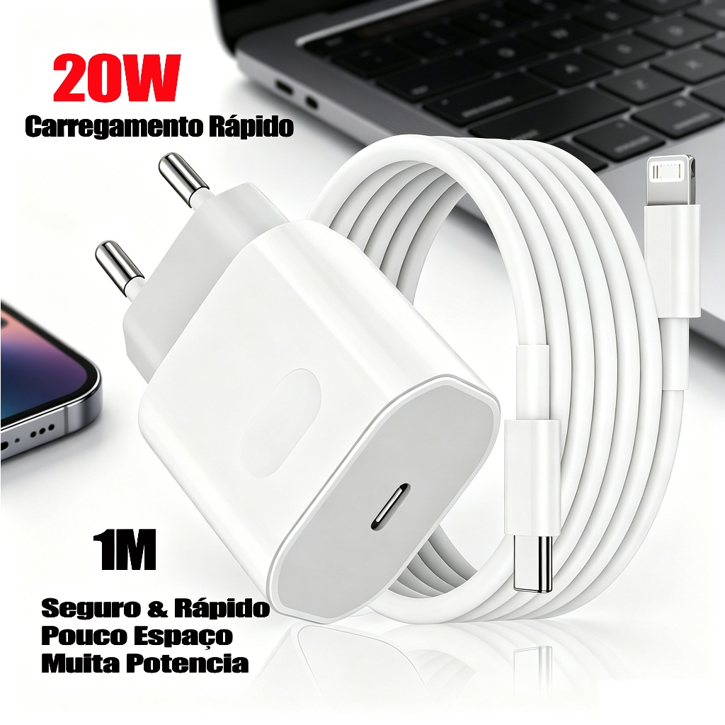Carregador Rápido GaN 20W PD + Cabo Tipo-C/Lightning | Homologação Anatel, Compatível iPhone 8 ao 14 Pro Max