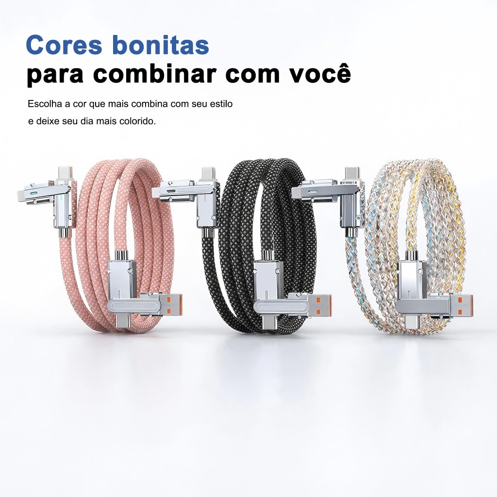Cabo 4 em 1 USB-C 240W PD 1m, Transferência de Dados, Compatível com iPhone 16 Pro Max/15, Xiaomi, Samsung Tablet