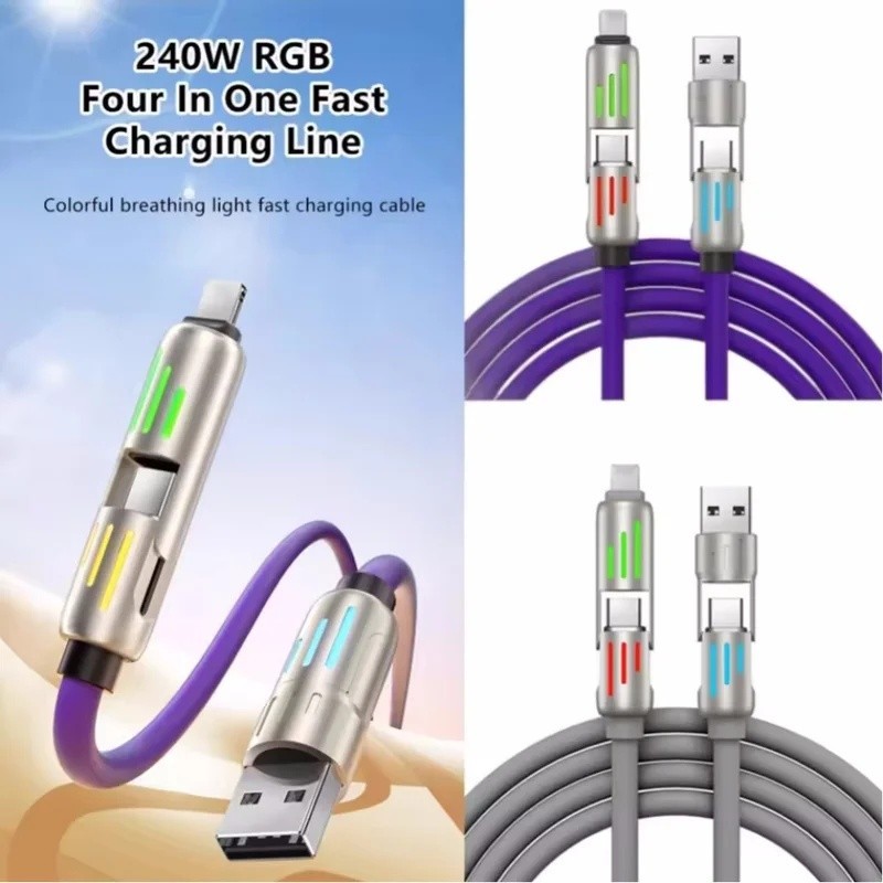Cabo De Carregamento USB 4 Em 1 Rápido MAX 240W Lightning Liga De Alumínio Para iPhone