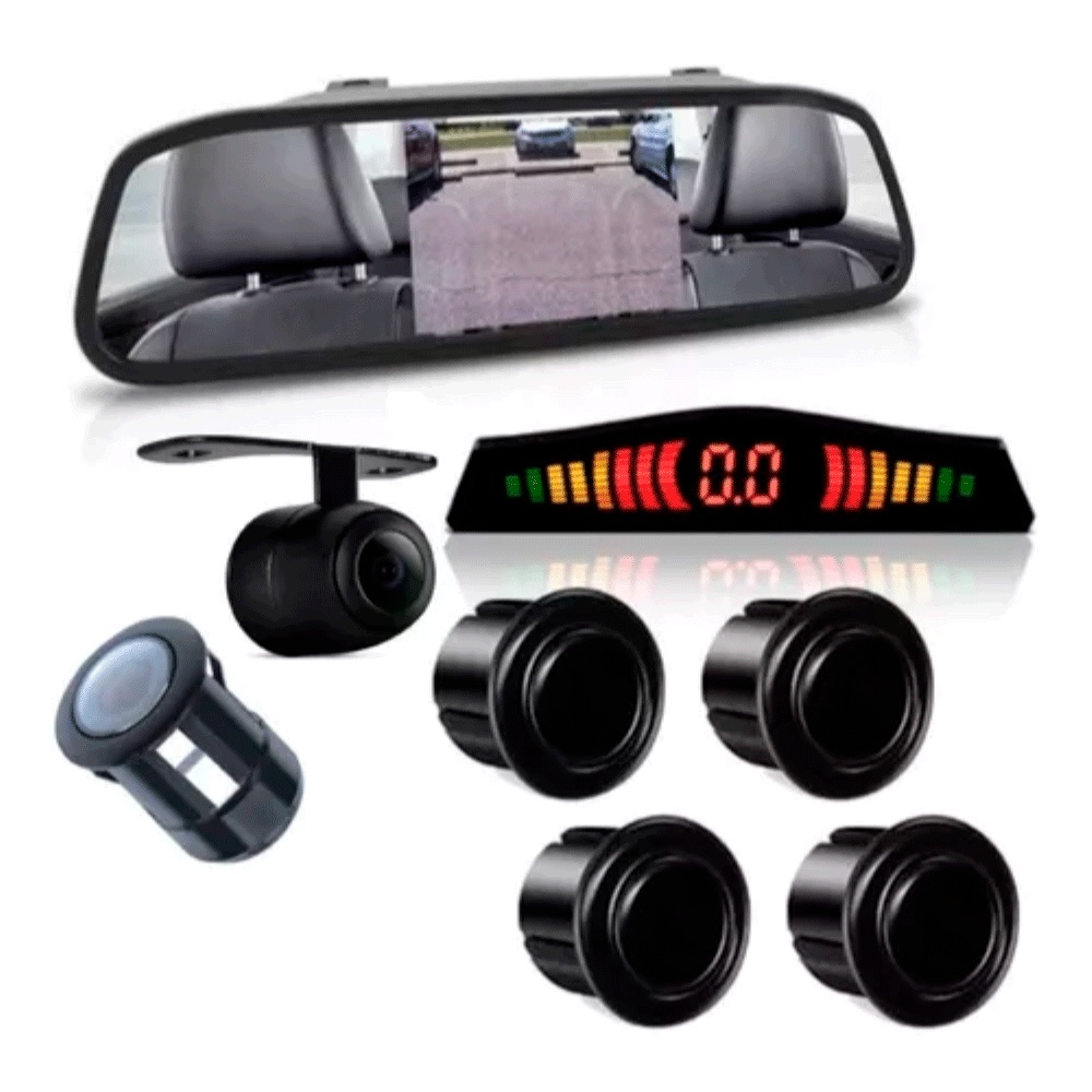 Retrovisor Monitor Tela 4.3 Câmera Ré Colorido Estacionamento + Sensor Preto 18 Milímetros