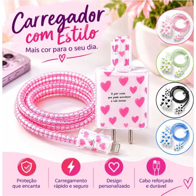 Kit Protetor de Carregador e Cabo Estampado | Case + Protetor Espiral + Protetores de Conector Para iPhone/ iPad 18/20w