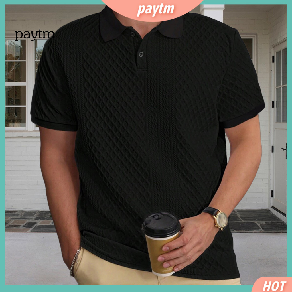 Men Lapel Short Sleeve Top Men's Tee Shirt Solid Color with Jacquard Fabric Decoration – Stylish Casual for Southeast