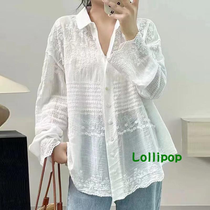 [LOL] Women Hollow Jacquard Tops Loose Lapel Neck Long Sleeve Button Sun Protection Shirt