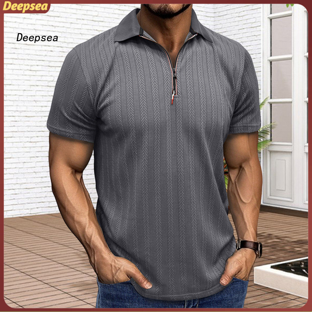 Men's Summer Thin Short Sleeve Shirt Zippered Lapel Jacquard Pullover Lightweight Loose Fit Top for Travel Commuting Out