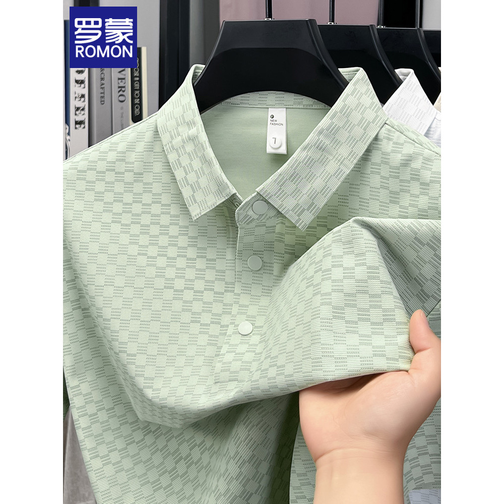 Lomon High-End padrão escuro Jacquard POLO camisa masculina verão estilo fino legal seda gelo manga curta Commuter lapel