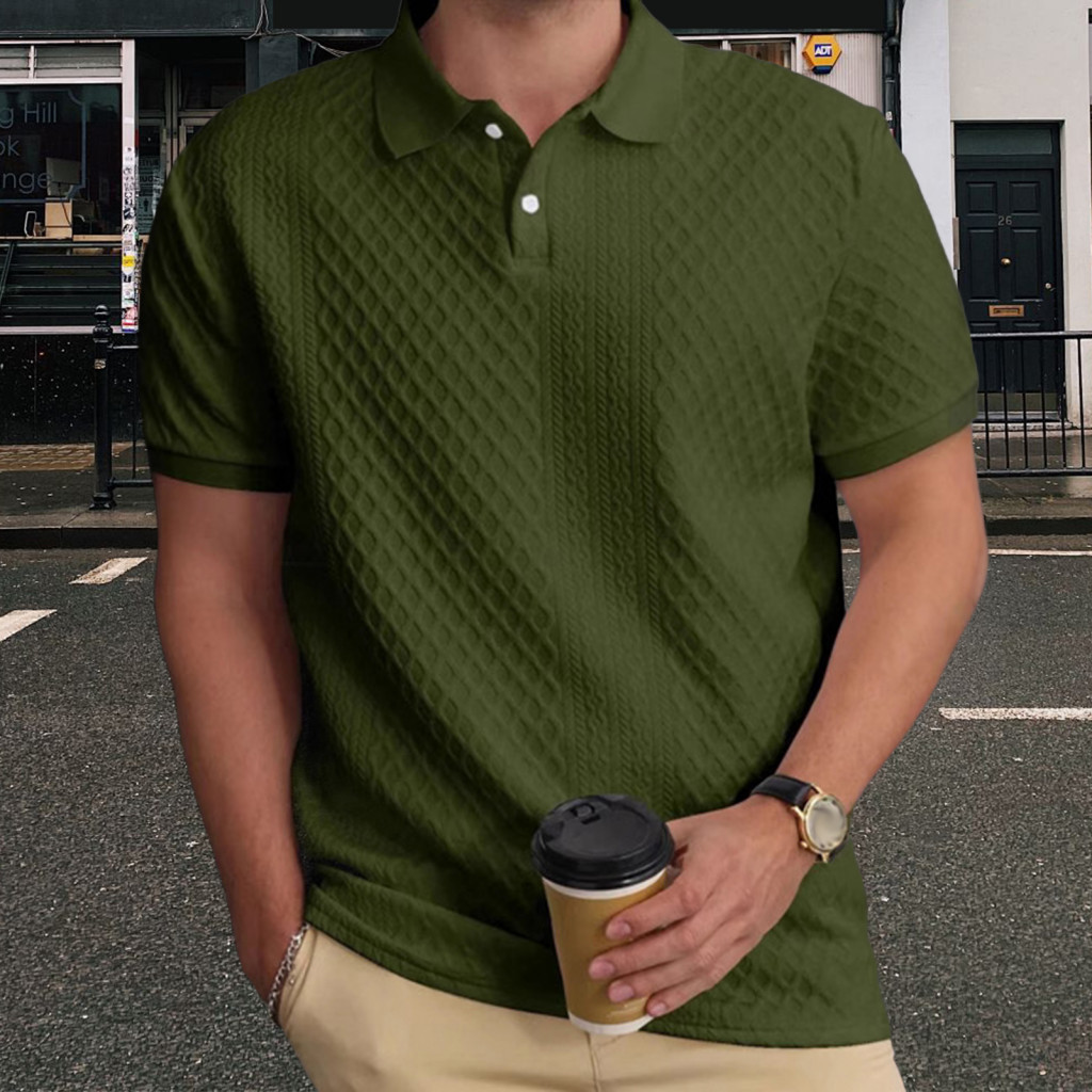 Versatile Men Tees Solid Color Shirt Men's Short Sleeve Lapel Tee with Jacquard Fabric Decoration – Stylish Casual Top
