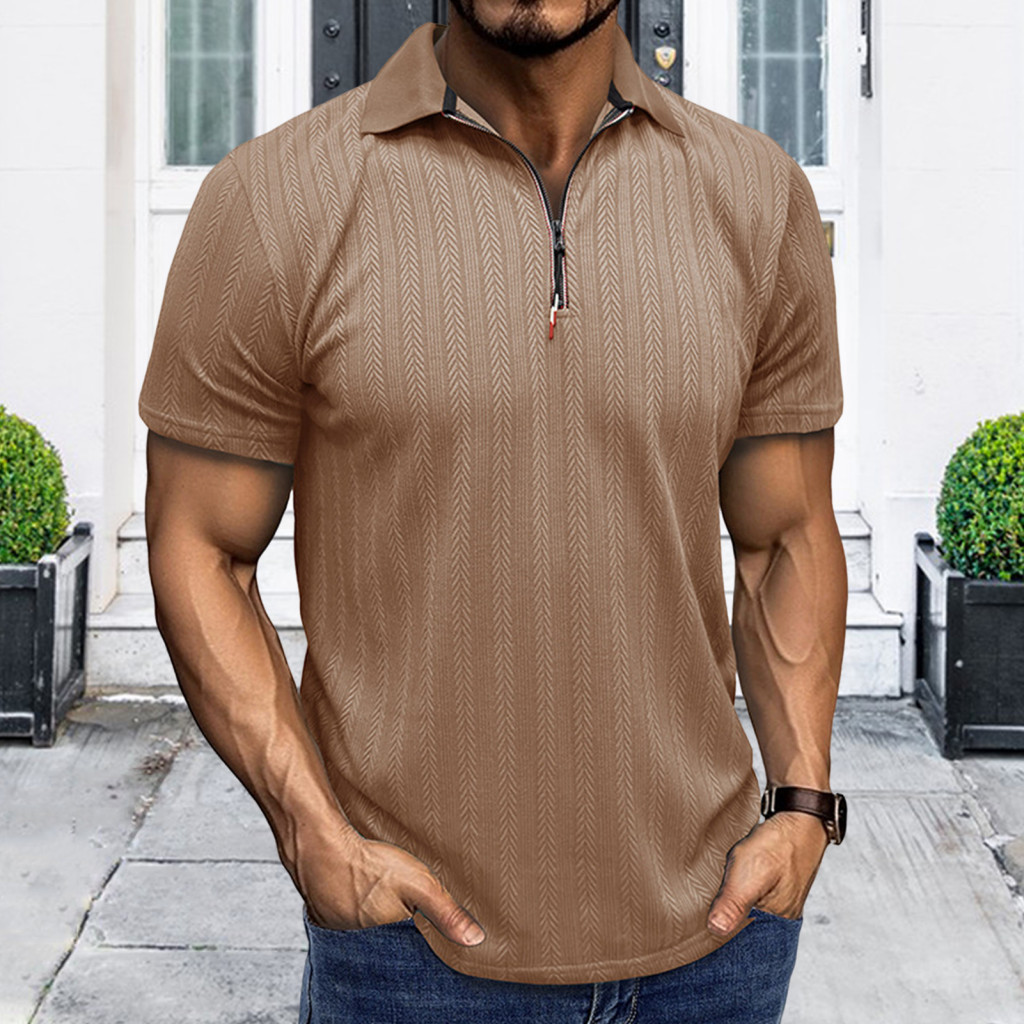 Men Jacquard Shirt Men's Summer Thin Short Sleeve Zippered Lapel Pullover Lightweight Loose Fit Top for Travel Commuting