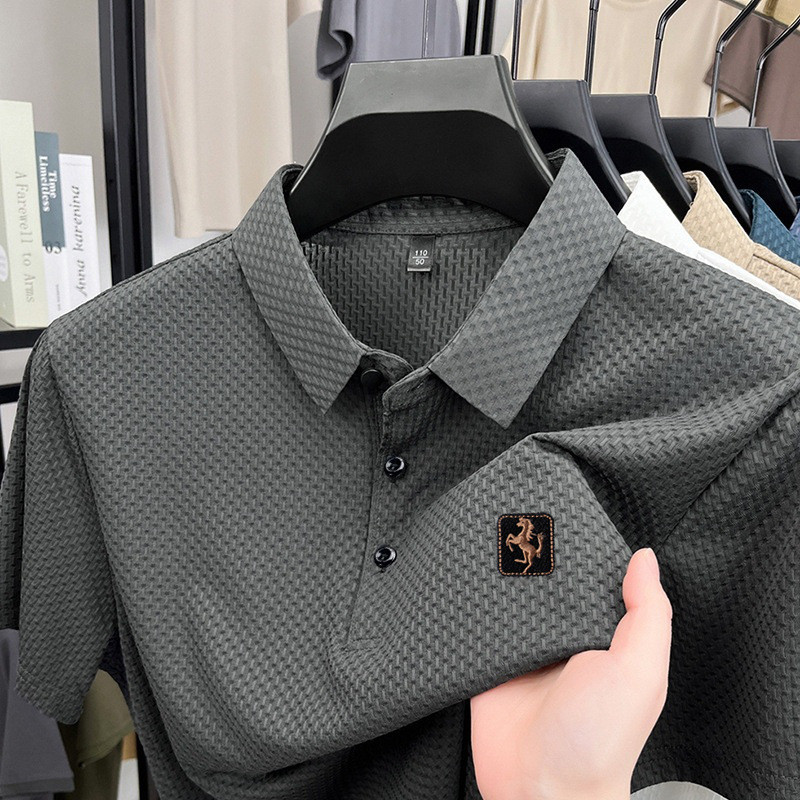 Comércio exterior High-End gelo seda de manga curta camiseta masculina verão estilo fino Jacquard respirável legal lapel