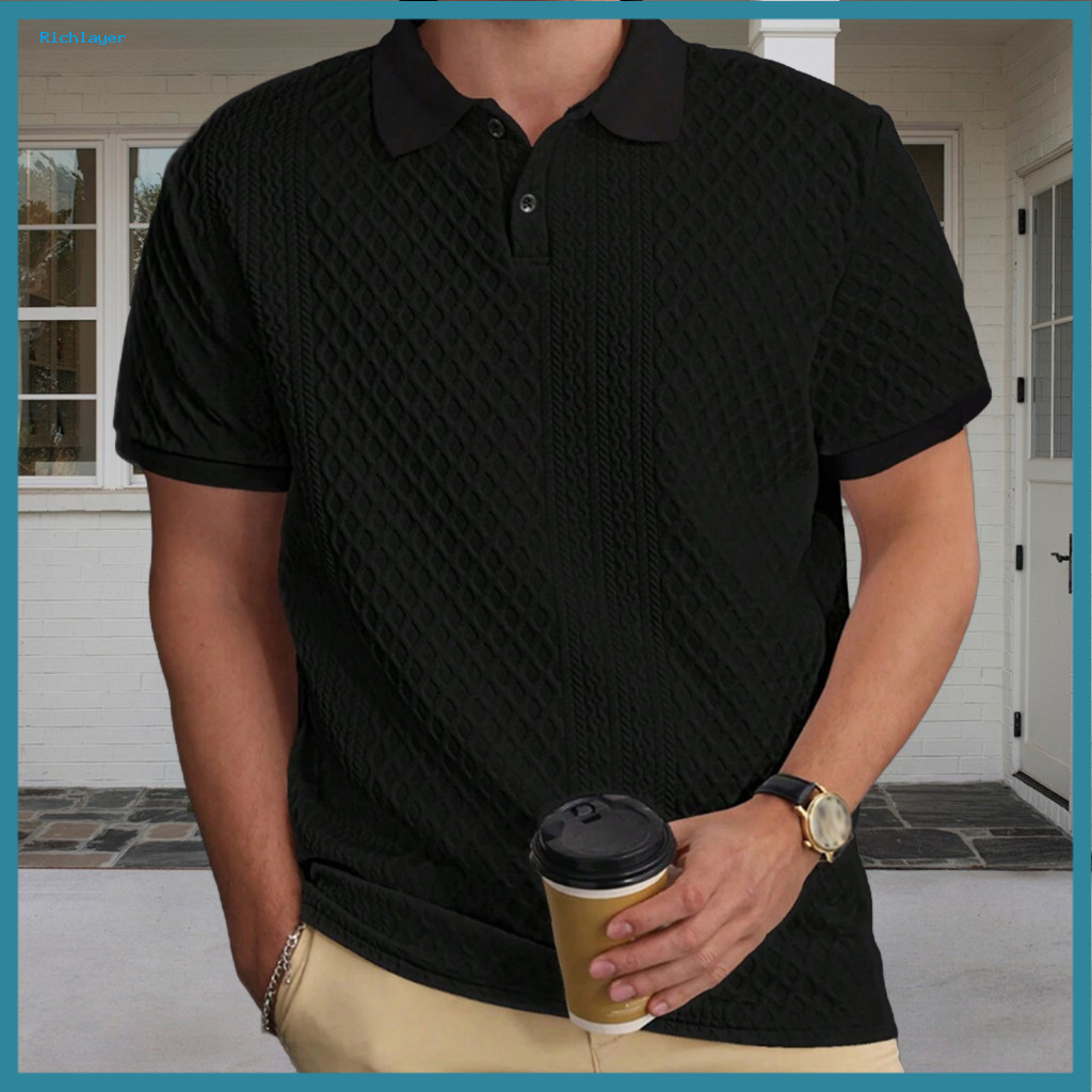 Solid Color Men Shirt Top Men's Short Sleeve Lapel Tee with Jacquard Fabric Decoration – Stylish Casual for Summer Lig