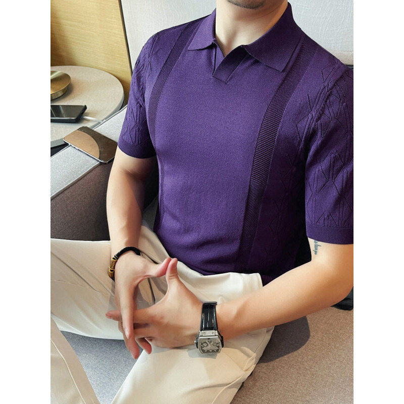 Camisa POLO de malha de manga curta de seda gelo masculina de verão moda britânica magro-ajuste All-Match Jacquard lapel