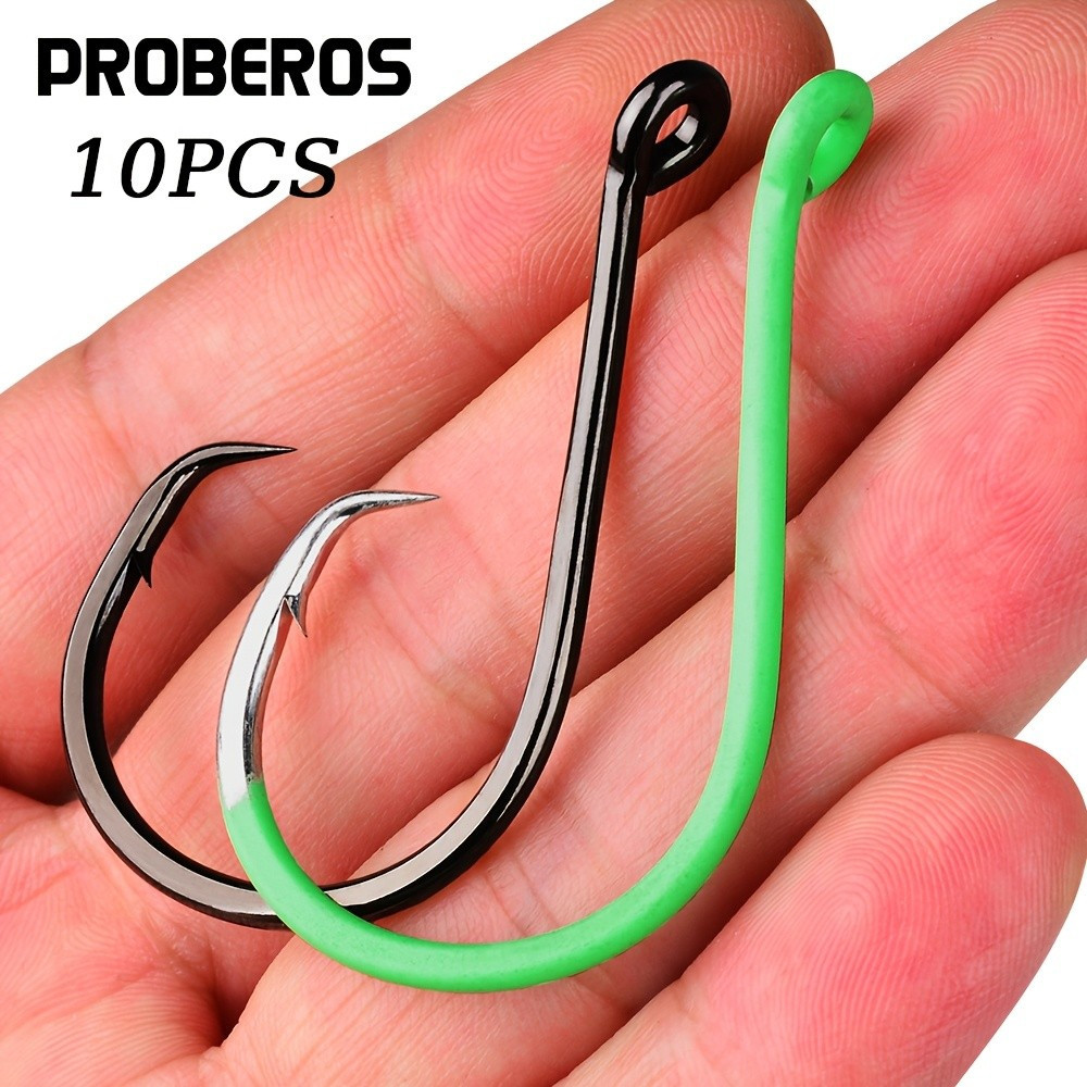 Proberos 10pcs Fluorescent Green Circle Fishing Hooks - High Carbon Steel, Sharp Hooks with Barbed Tips for Tuna, Catfis