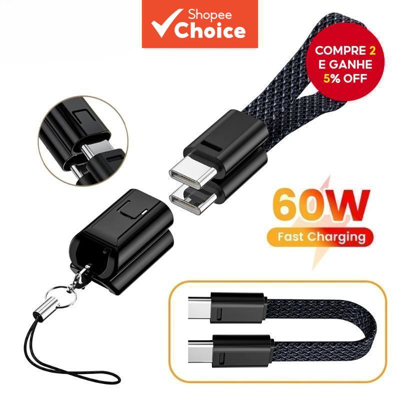 Cabo Curto 60W Tipo C para C Carregador Trançado com Chaveiro para Carregamento Rápido Xiaomi Huawei 27W USB C para