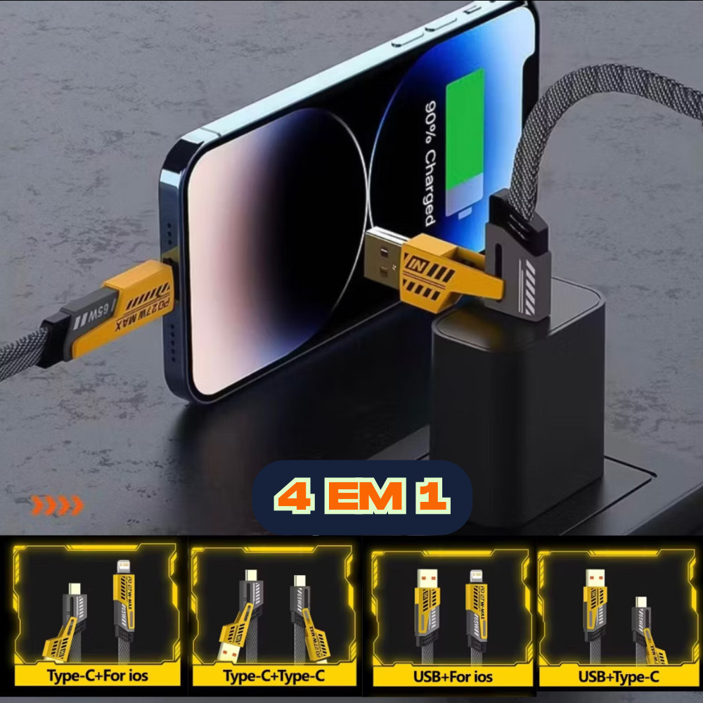 Cabo Super Turbo 65W 4 em 1 PD 27W Tipo C P/ iPhone Xiaomi Android cabeça de Metal Reforçado naylon