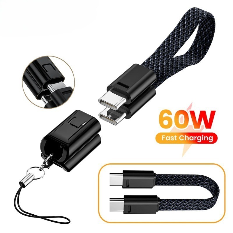 Cabo curto de 60W Tipo C para C, carregador trançado com chaveiro para carregamento rápido Xiaomi, Huawei 27W, USB C