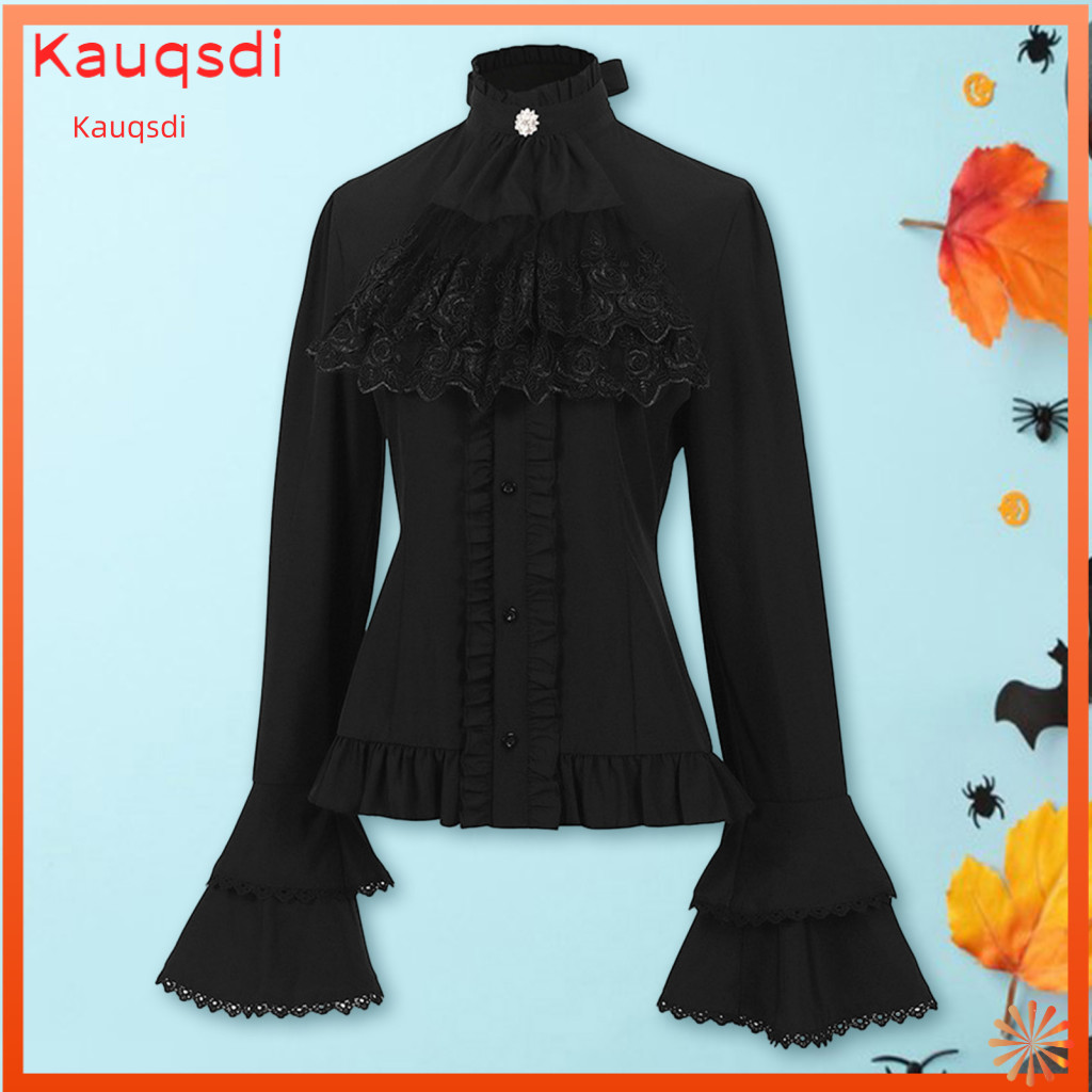 Turtleneck Tie Shirt Retro Palace Style Women Women’s Steampunk Top with Bow Lace Long Bell Sleeves Single-breasted Sh