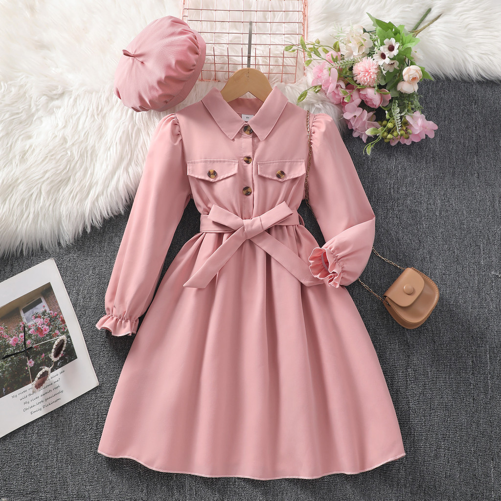 2026 Crianças Meninas Vestido Primavera Outono Manga Longa Único Breasted Cinto E Chapéu Casual Moda Elegante Roupas